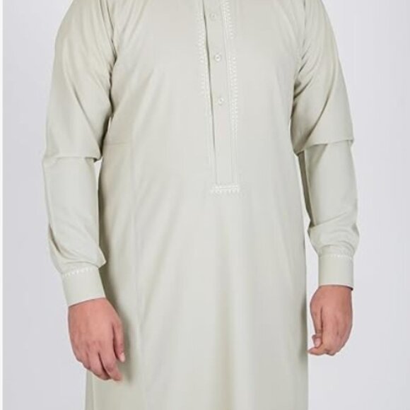 NWT Alqamees Thobe for Men - Thawb | Jubba Kaftan Embroider, Tan 60L - Picture 2 of 5